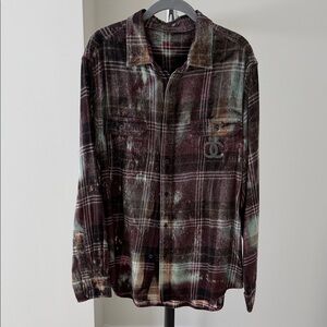 Black & Burgundy Plaid Button-Up Shirt with Subtle Distressing